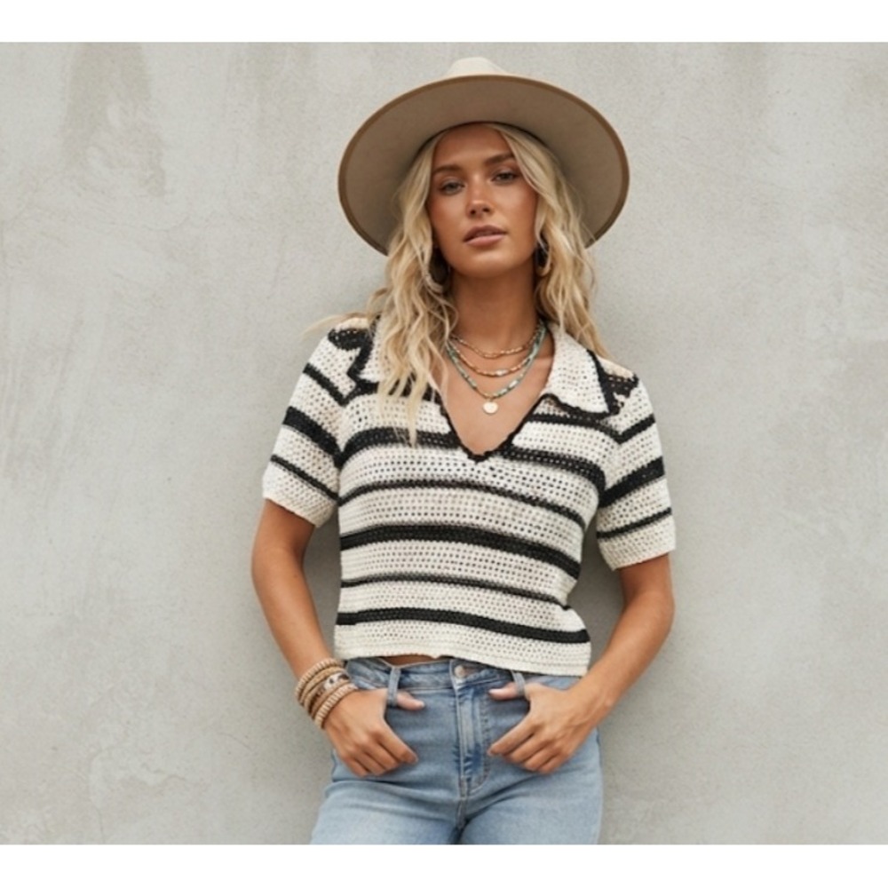 Dreamers by Debut Striped Crochet Sweater Top Ivory Black W9520 Womens Medium